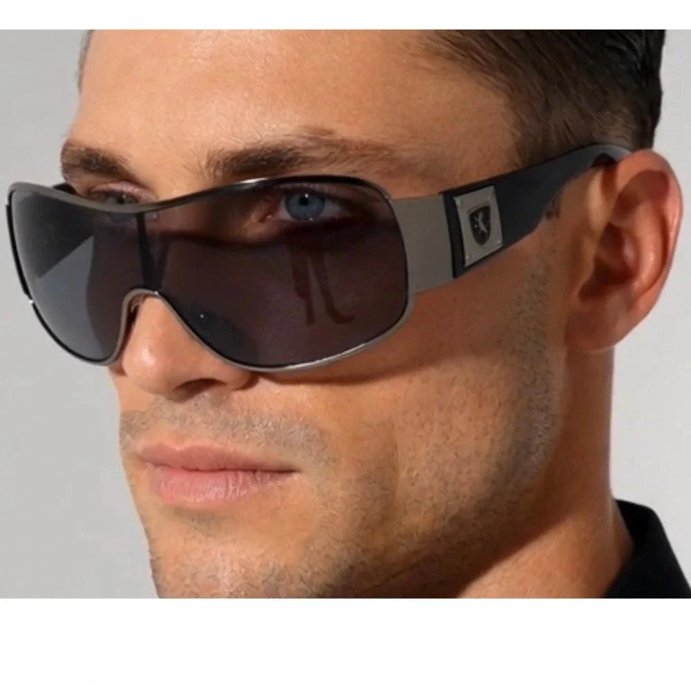 Men Shield Sunglasses Mens Wrap Around Gunmetal Black Sports Activity Shades New